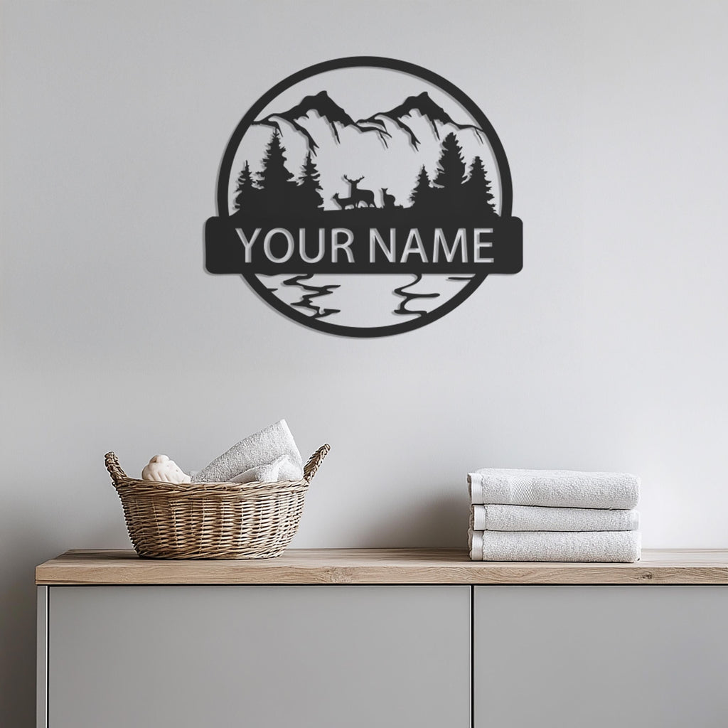 Custom Mountain Scene Metal Wall Art With Deer, Forest Home Sign For Living Room Or Cabin, Personalized Nature Decor Gift For Him, Wall Art