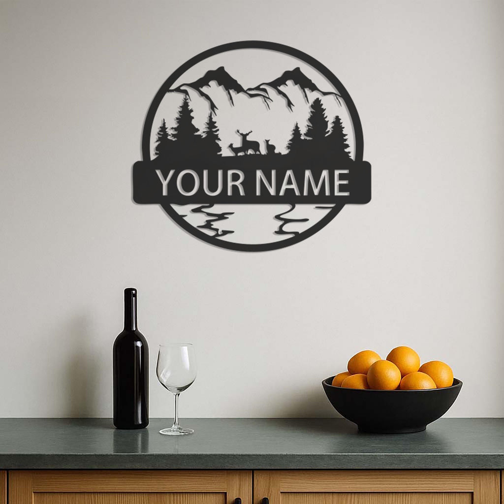 Custom Mountain Scene Metal Wall Art With Deer, Forest Home Sign For Living Room Or Cabin, Personalized Nature Decor Gift For Him, Wall Art