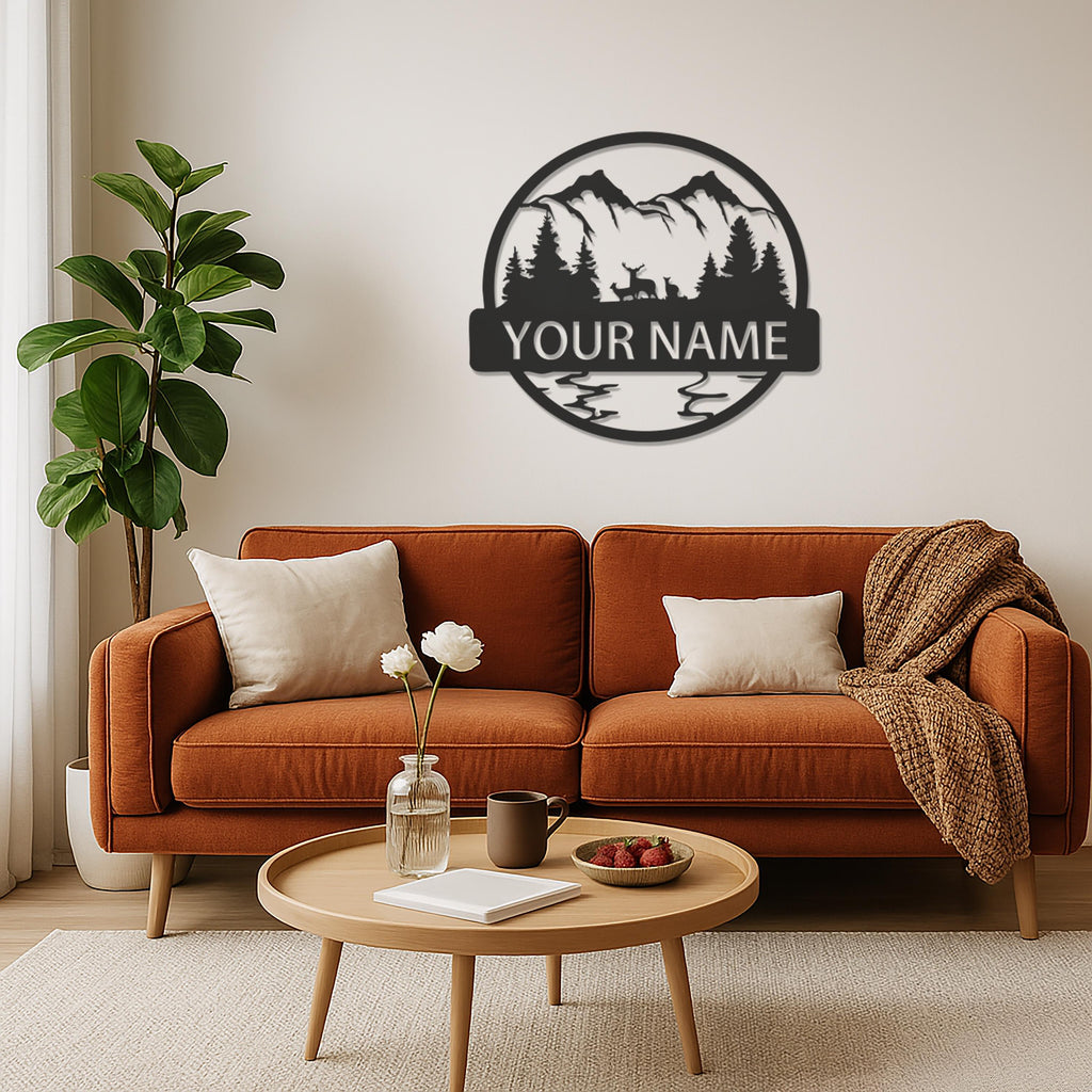 Custom Mountain Scene Metal Wall Art With Deer, Forest Home Sign For Living Room Or Cabin, Personalized Nature Decor Gift For Him, Wall Art