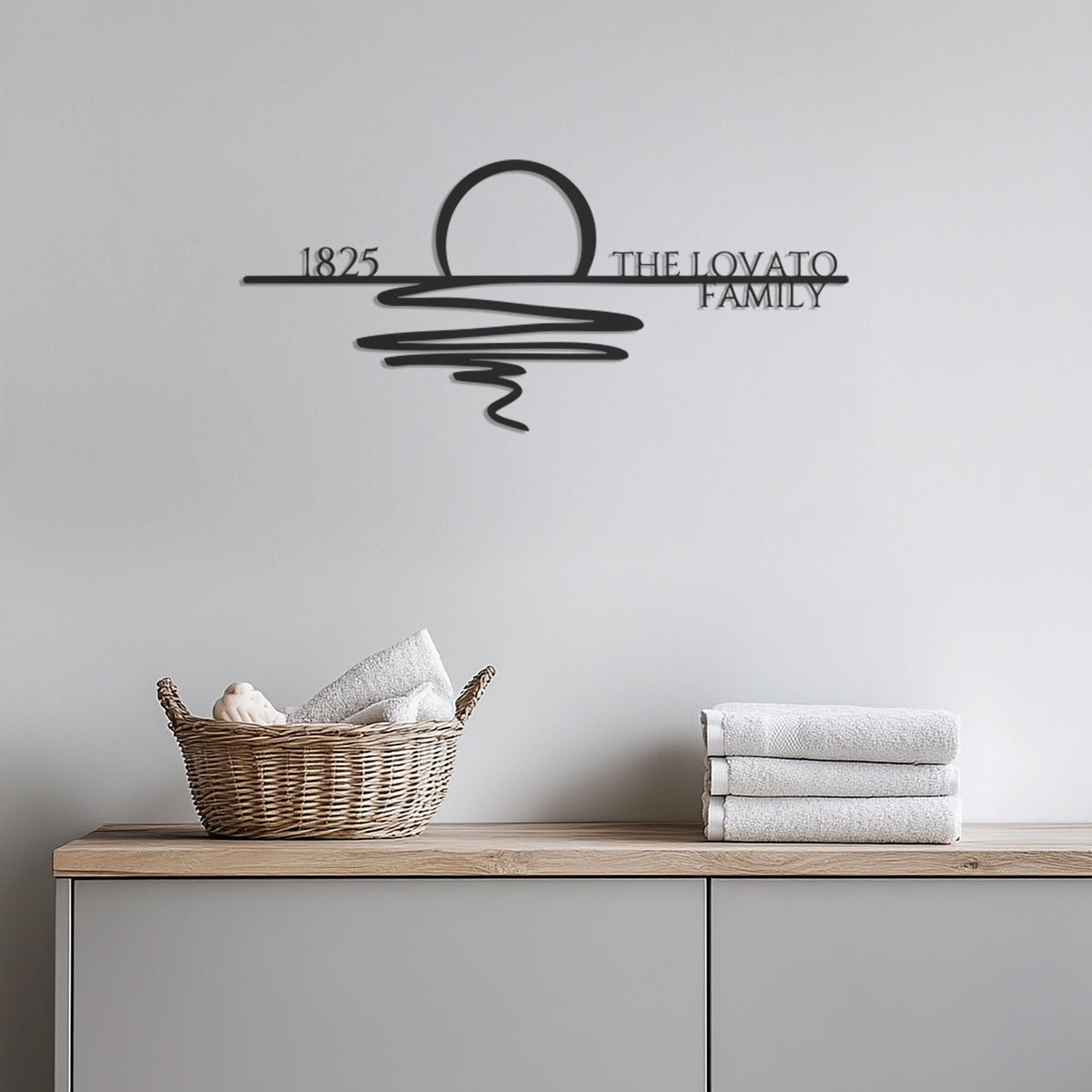 Custom Family Name Metal Wall Art With Sun And Waves Design, Modern Personalized Line Art Decor For Living Room Or Entryway Gift, Wall Art