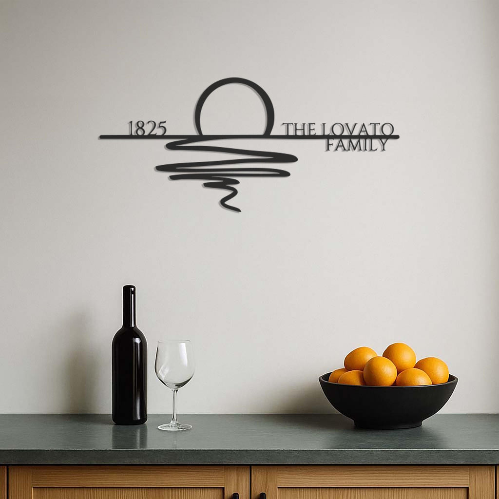 Custom Family Name Metal Wall Art With Sun And Waves Design, Modern Personalized Line Art Decor For Living Room Or Entryway Gift, Wall Art