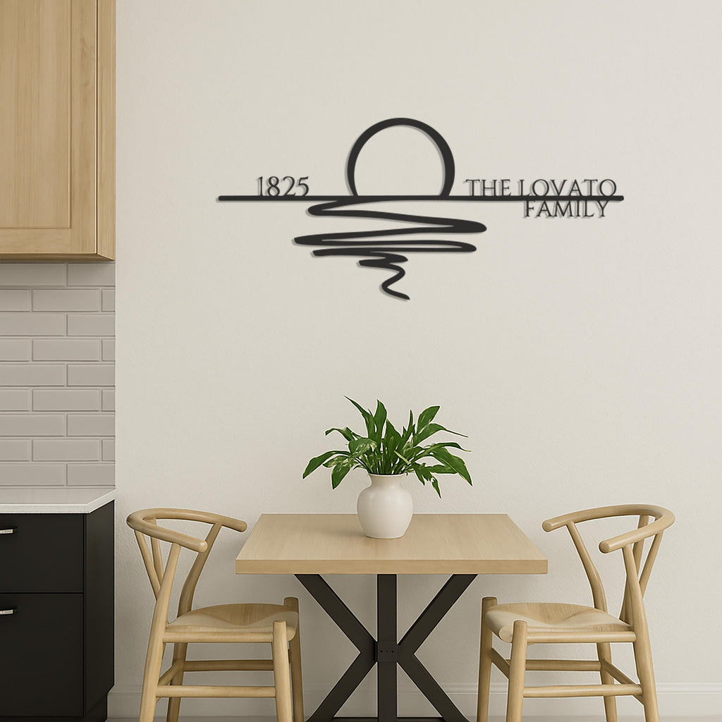 Custom Family Name Metal Wall Art With Sun And Waves Design, Modern Personalized Line Art Decor For Living Room Or Entryway Gift, Wall Art