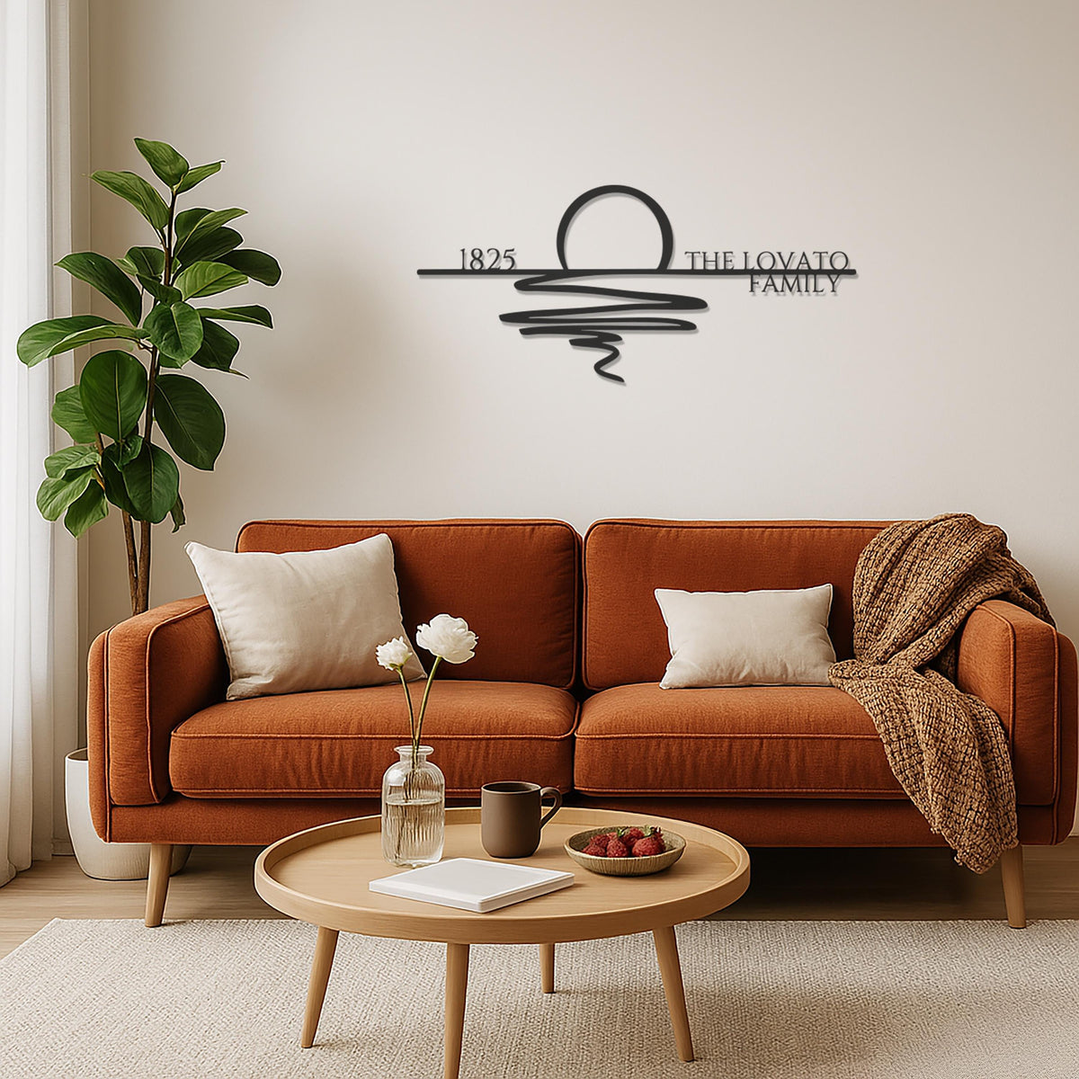 Custom Family Name Metal Wall Art With Sun And Waves Design, Modern Personalized Line Art Decor For Living Room Or Entryway Gift, Wall Art