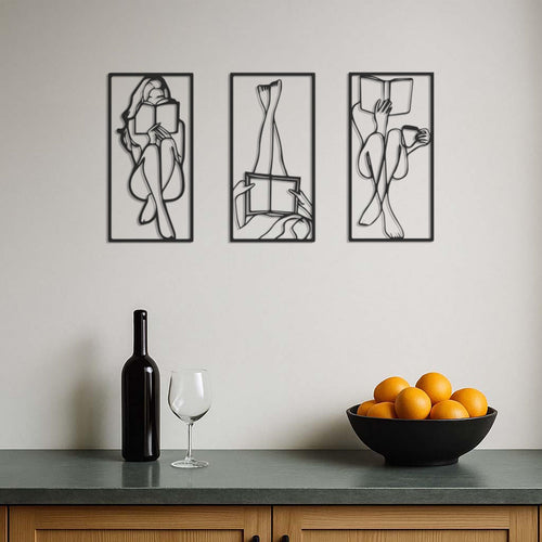 Book Lover Metal Wall Art Set of 3, Minimalist Reading Woman Silhouette Decor, Modern Bedroom Or Study Gift For Readers And Writers,Wall Art