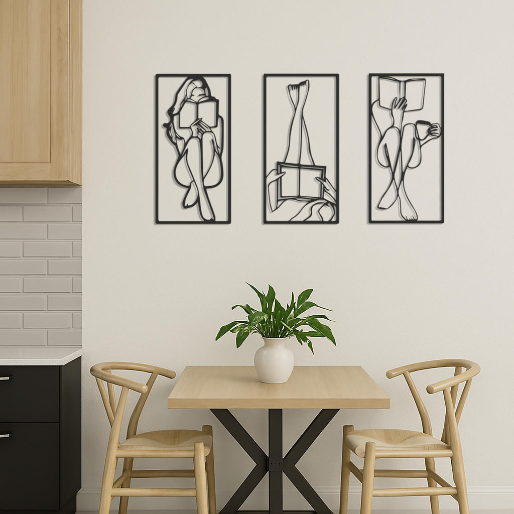Book Lover Metal Wall Art Set of 3, Minimalist Reading Woman Silhouette Decor, Modern Bedroom Or Study Gift For Readers And Writers,Wall Art