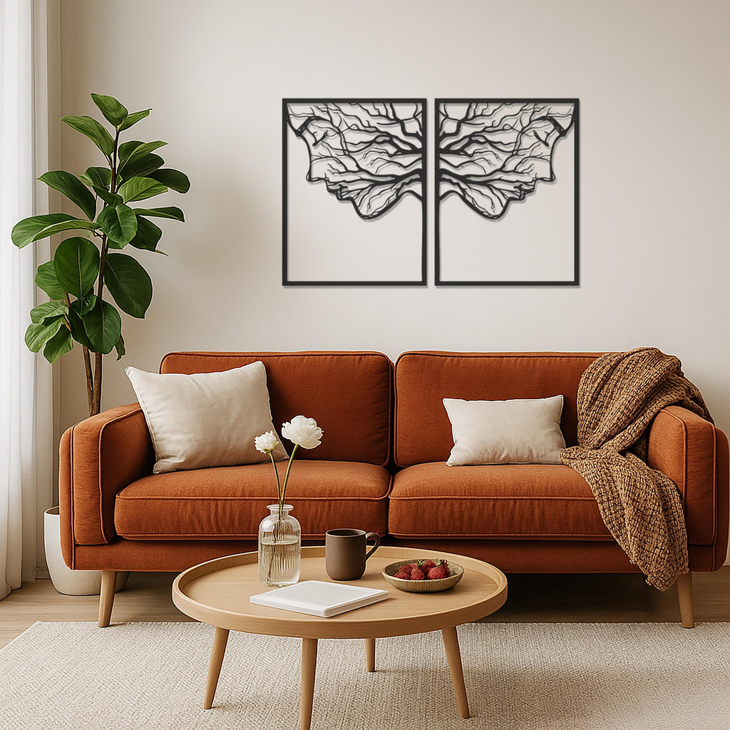 Couple Face Metal Wall Art Set Of 2, Tree Branch Silhouette Modern Abstract Decor For Bedroom Or Living Room, Connection Love Gift, Wall Art