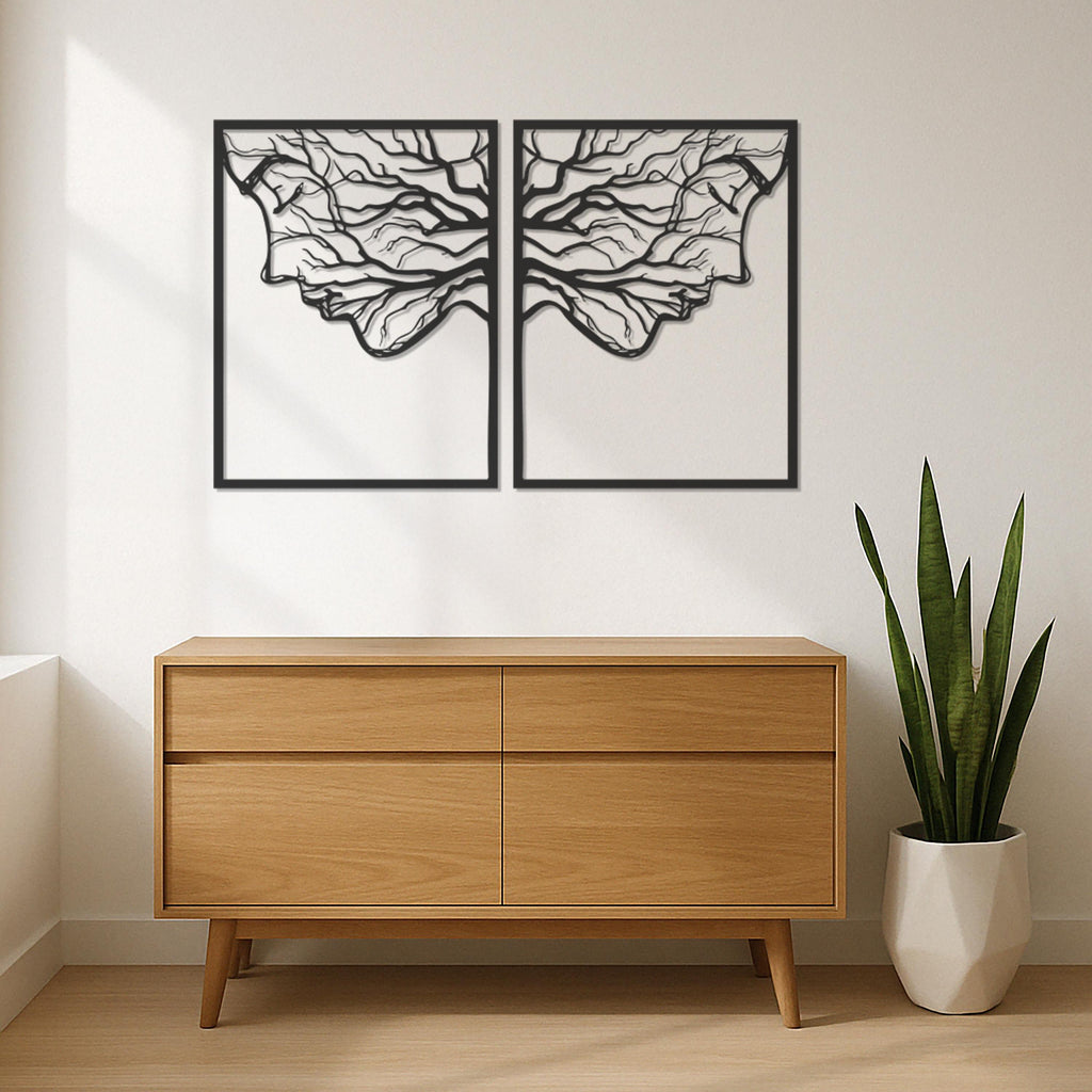 Couple Face Metal Wall Art Set Of 2, Tree Branch Silhouette Modern Abstract Decor For Bedroom Or Living Room, Connection Love Gift, Wall Art