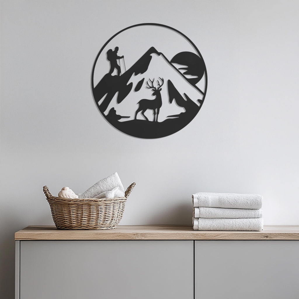 Hiker And Deer Mountain Metal Wall Art, Round Nature Adventure Silhouette For Cabin Decor Or Outdoorsy Gift, Rustic Lodge Wall Hanging