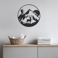 Hiker And Deer Mountain Metal Wall Art, Round Nature Adventure Silhouette For Cabin Decor Or Outdoorsy Gift, Rustic Lodge Wall Hanging 1