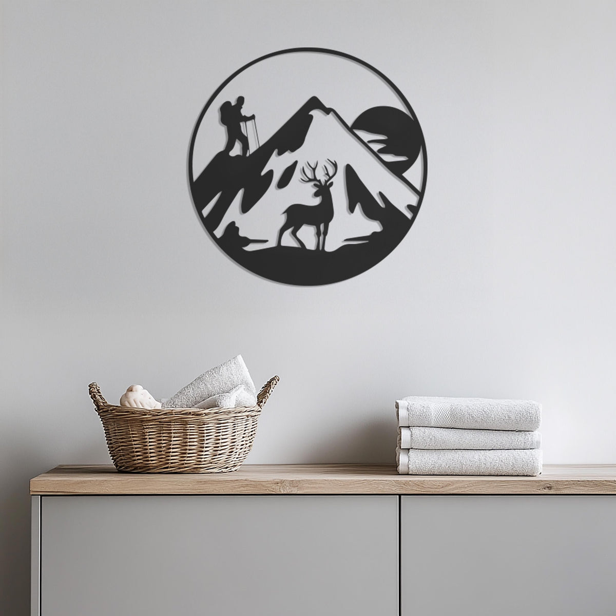 Hiker And Deer Mountain Metal Wall Art, Round Nature Adventure Silhouette For Cabin Decor Or Outdoorsy Gift, Rustic Lodge Wall Hanging