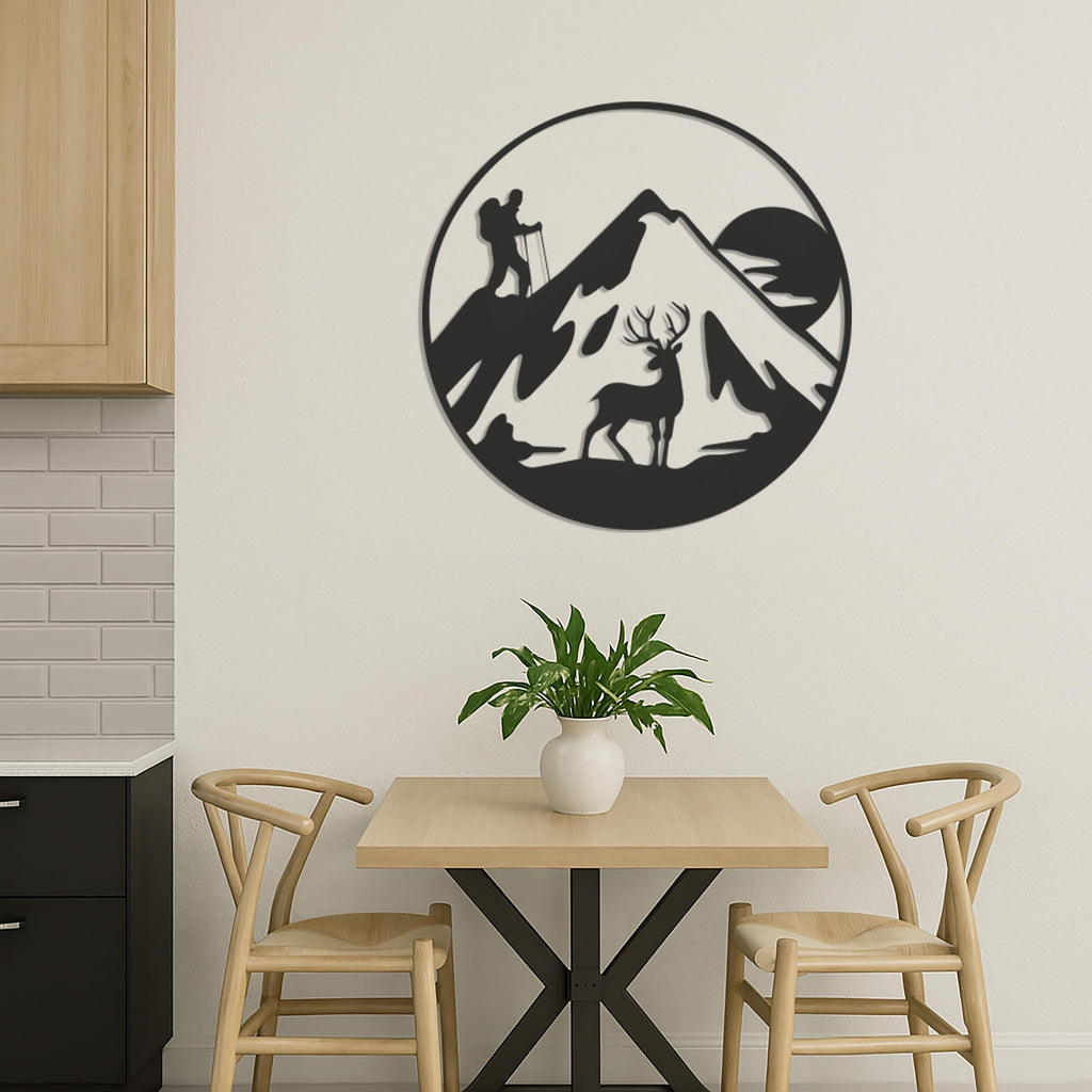 Hiker And Deer Mountain Metal Wall Art, Round Nature Adventure Silhouette For Cabin Decor Or Outdoorsy Gift, Rustic Lodge Wall Hanging