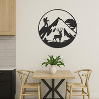 Hiker And Deer Mountain Metal Wall Art, Round Nature Adventure Silhouette For Cabin Decor Or Outdoorsy Gift, Rustic Lodge Wall Hanging 3