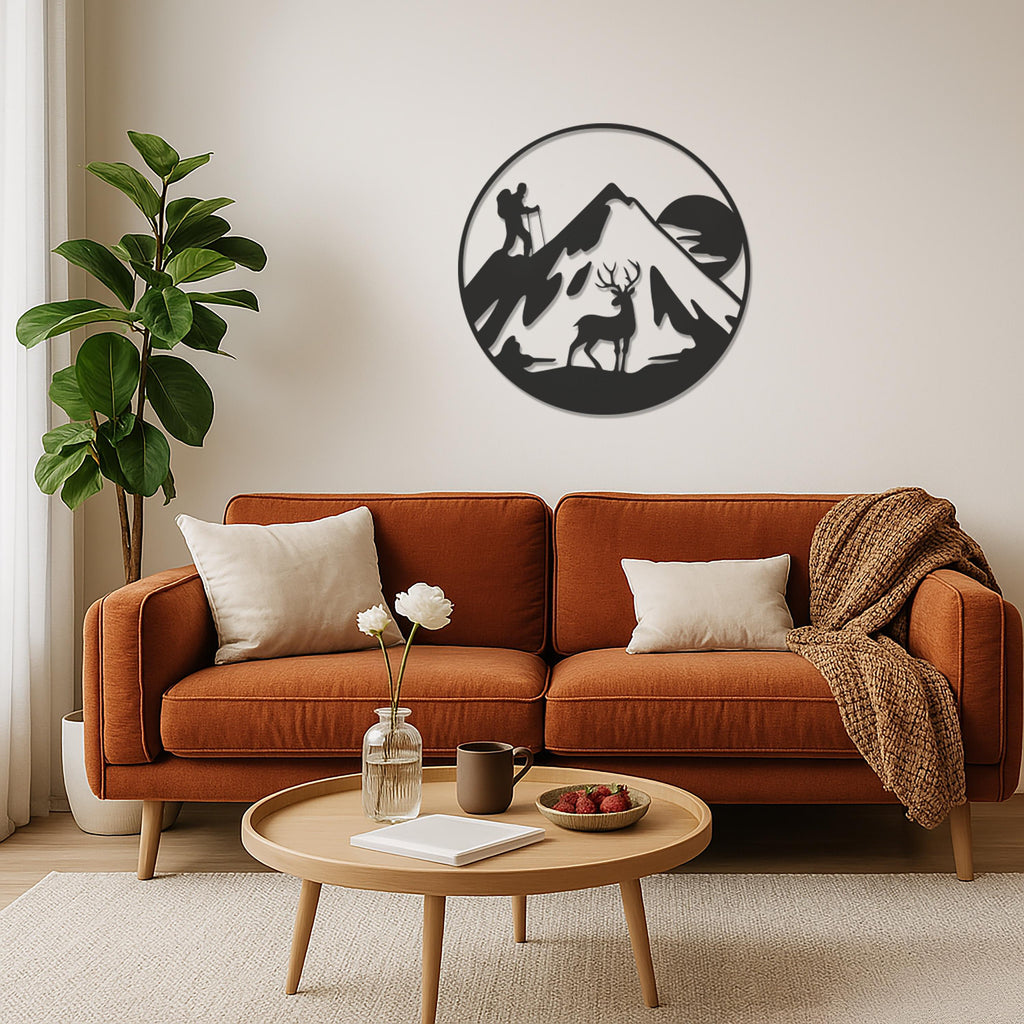 Hiker And Deer Mountain Metal Wall Art, Round Nature Adventure Silhouette For Cabin Decor Or Outdoorsy Gift, Rustic Lodge Wall Hanging