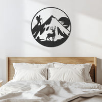 Hiker And Deer Mountain Metal Wall Art, Round Nature Adventure Silhouette For Cabin Decor Or Outdoorsy Gift, Rustic Lodge Wall Hanging 5