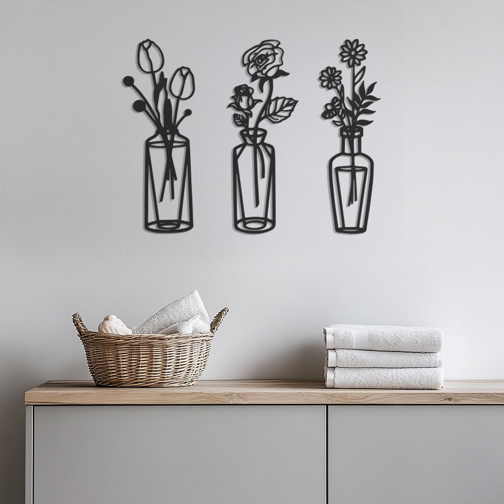 Metal Flower Vase Wall Art Set of 3, Minimalist Line Art Floral Trio For Living Room Or Bedroom, Modern Botanical Metal Decor, Wall Art