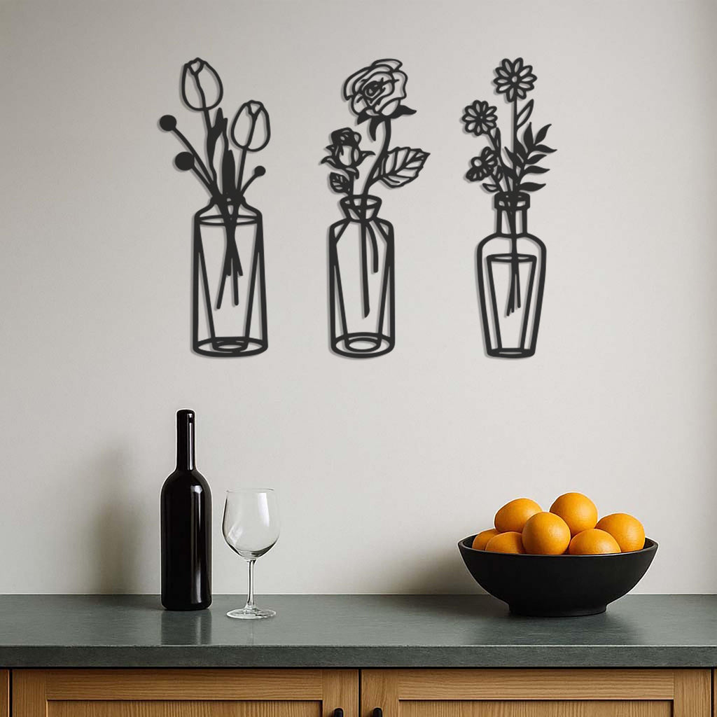 Metal Flower Vase Wall Art Set of 3, Minimalist Line Art Floral Trio For Living Room Or Bedroom, Modern Botanical Metal Decor, Wall Art