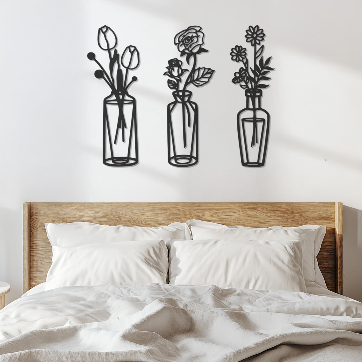 Metal Flower Vase Wall Art Set of 3, Minimalist Line Art Floral Trio For Living Room Or Bedroom, Modern Botanical Metal Decor, Wall Art