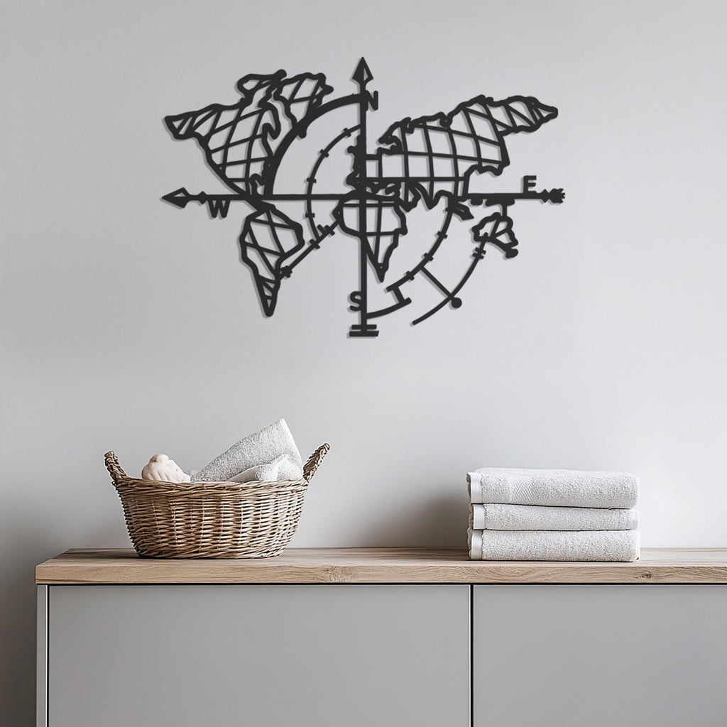 World Map Metal Wall Art, Compass Wall Decor, Travel Lover Gift, Modern Wall Sculpture, Office Living Room Metal Wall Hanging, Wall Art