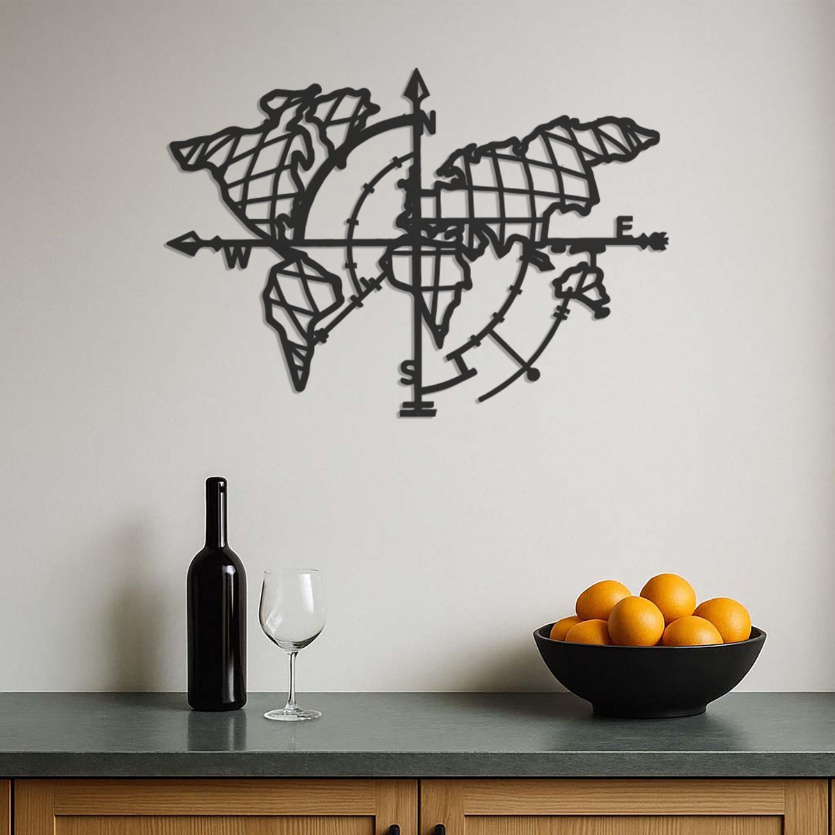 World Map Metal Wall Art, Compass Wall Decor, Travel Lover Gift, Modern Wall Sculpture, Office Living Room Metal Wall Hanging, Wall Art