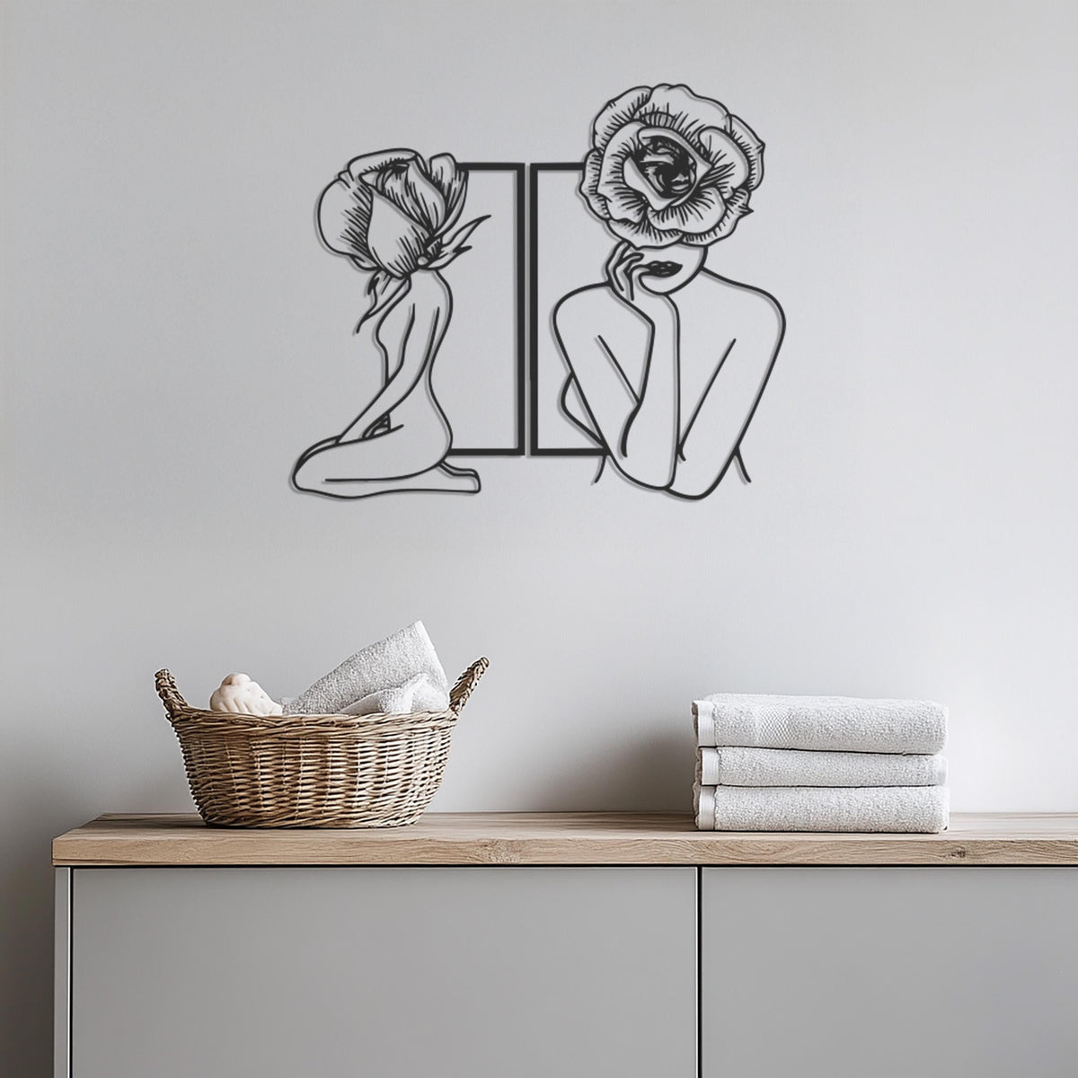 Floral Woman Metal Wall Art, Minimalist Female Body Line Art Decor, Bloom Head Silhouette Sculpture, Elegant Modern Wall Hanging, Wall Art