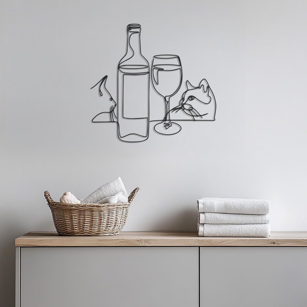 Cat Wine Bottle Wall Art, Metal Line Art Cat Decor,Modern Minimalist Wine Glass Kitty Silhouette for Kitchen or Bar Wall Decoration,Wall Art