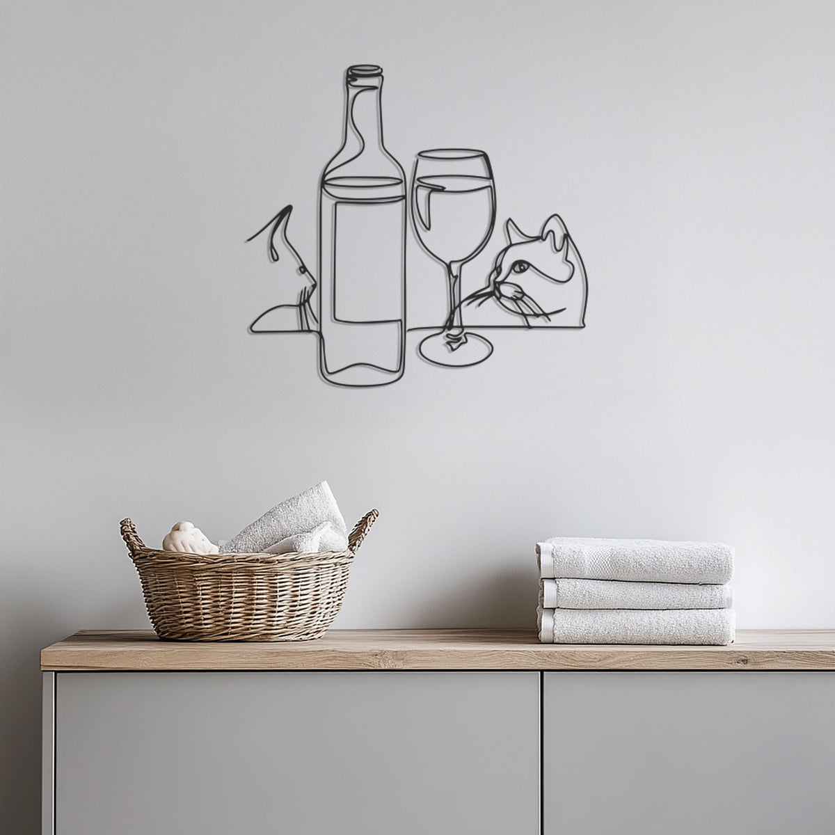 Cat Wine Bottle Wall Art, Metal Line Art Cat Decor,Modern Minimalist Wine Glass Kitty Silhouette for Kitchen or Bar Wall Decoration,Wall Art