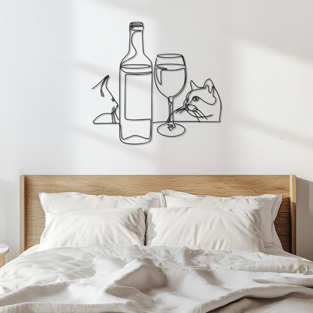 Cat Wine Bottle Wall Art, Metal Line Art Cat Decor,Modern Minimalist Wine Glass Kitty Silhouette for Kitchen or Bar Wall Decoration,Wall Art