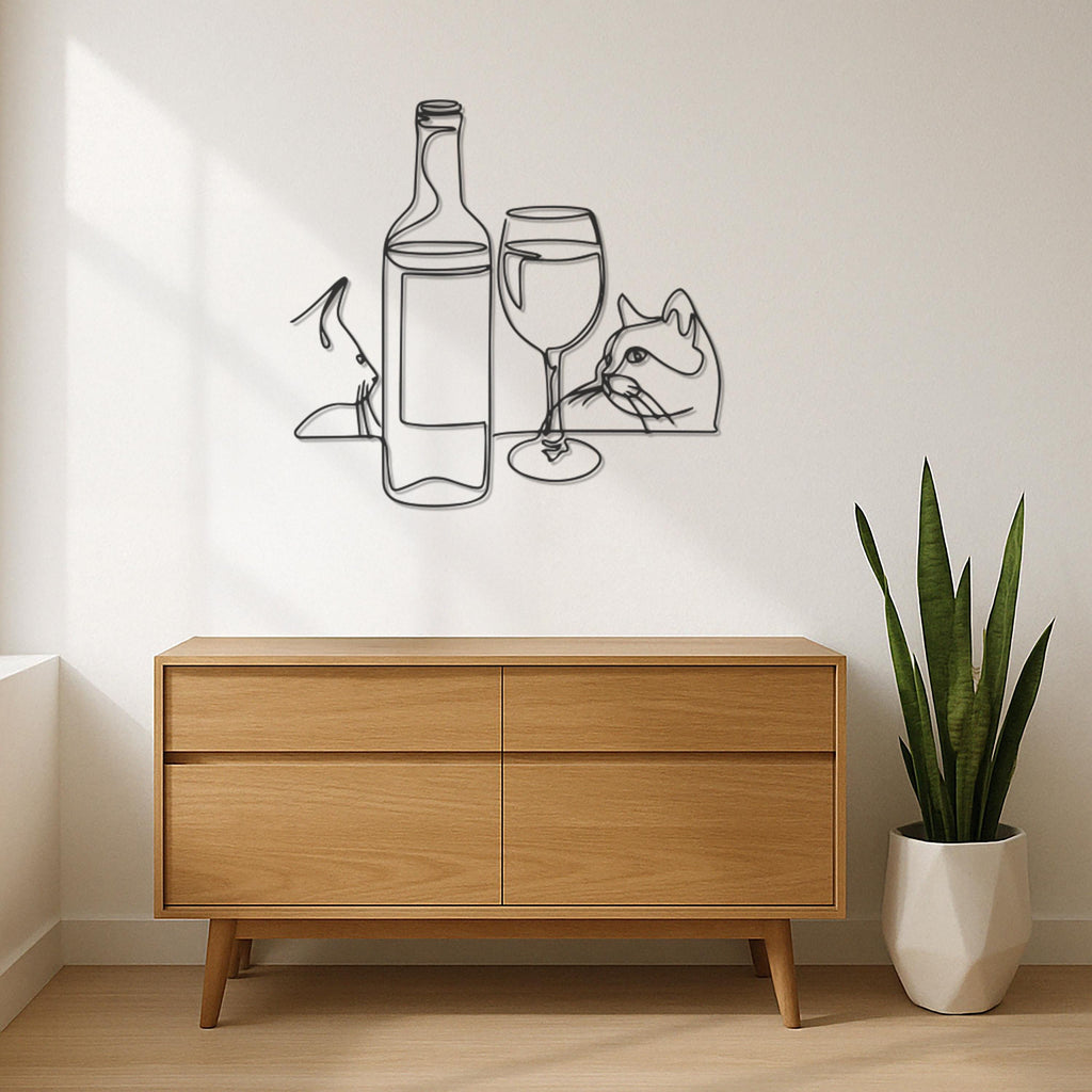 Cat Wine Bottle Wall Art, Metal Line Art Cat Decor,Modern Minimalist Wine Glass Kitty Silhouette for Kitchen or Bar Wall Decoration,Wall Art