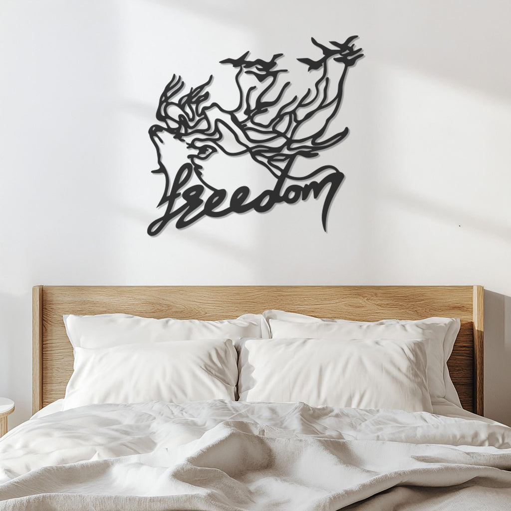 Freedom Word Art Metal Wall Decor, Bird Hair Woman Line Art, Inspirational Freedom Sign, Modern Boho Wall Hanging, One Line Metal Wall Art