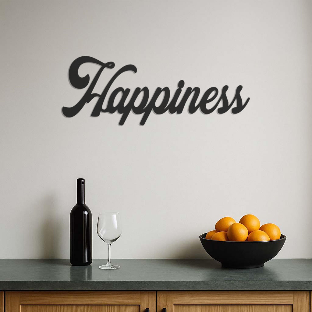 Happiness Metal Wall Art Sign, Customizable Inspirational Word Decor, Script Typography Home Office Wall Decor, Positive Modern Wall Accent