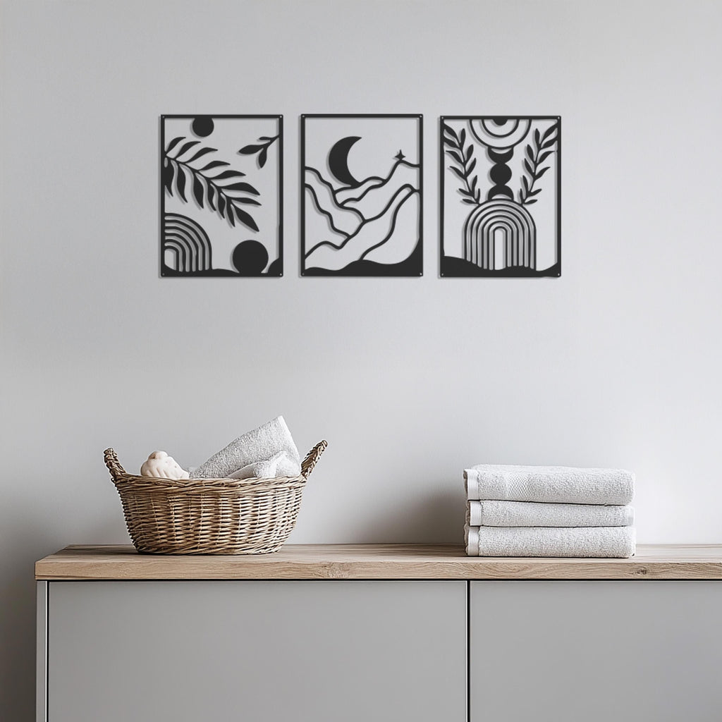 Modern Boho Metal Wall Art Set, Minimalist Abstract Nature Decor,3 Piece Geometric Landscape Wall Panels for Living Room or Bedroom,Wall Art