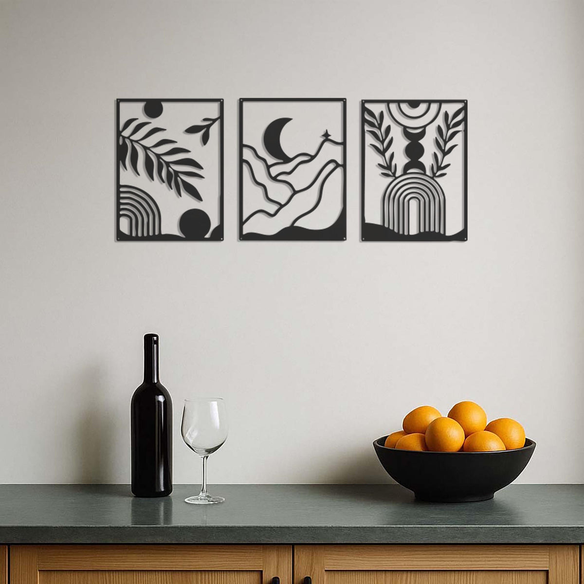 Modern Boho Metal Wall Art Set, Minimalist Abstract Nature Decor,3 Piece Geometric Landscape Wall Panels for Living Room or Bedroom,Wall Art