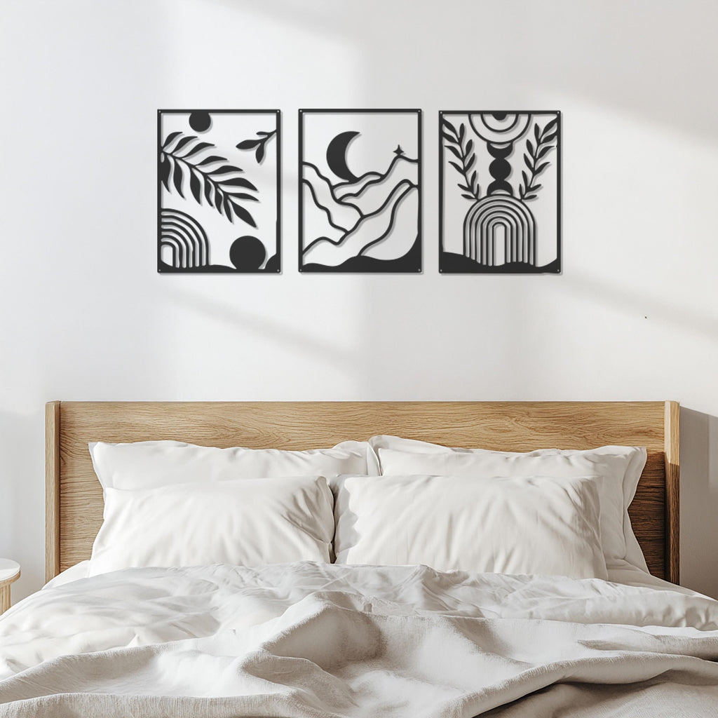 Modern Boho Metal Wall Art Set, Minimalist Abstract Nature Decor,3 Piece Geometric Landscape Wall Panels for Living Room or Bedroom,Wall Art