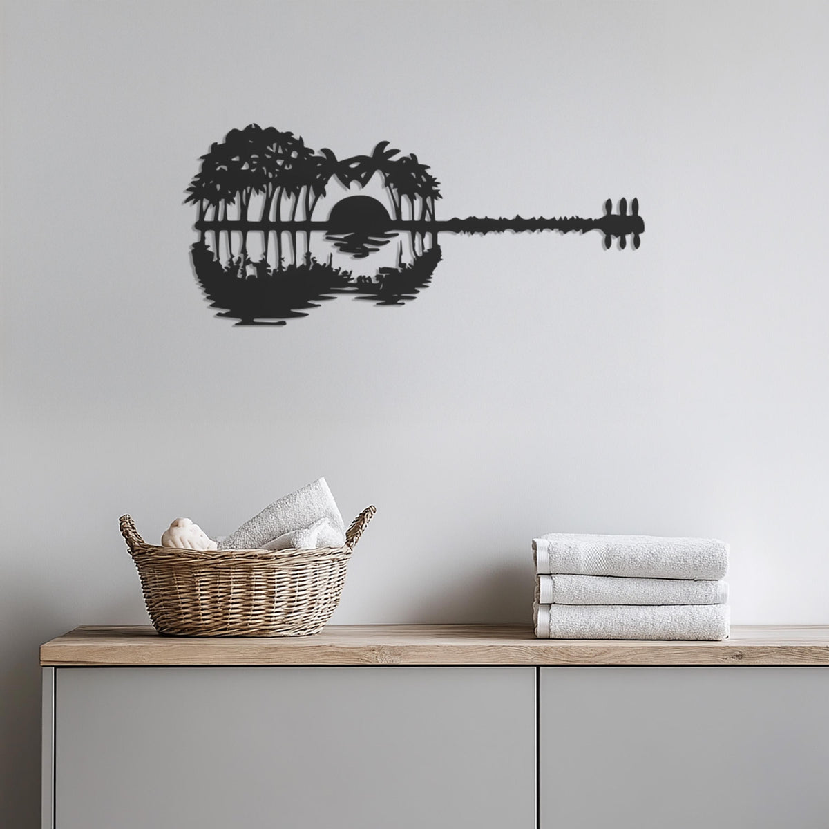 Guitar Sunset Wall Art, Metal Tropical Guitar Wall Decor, Palm Tree Guitar Silhouette, Beach Music Wall Art, Musician Gift, Nature Scene