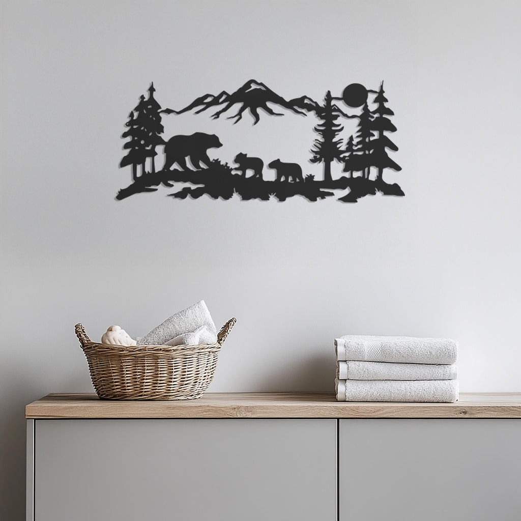 Bear Family Metal Wall Art, Mountain Forest Scene, Rustic Cabin Decor, Wildlife Wall Hanging, Nature Inspired Home Accent, Modern Wall Decor