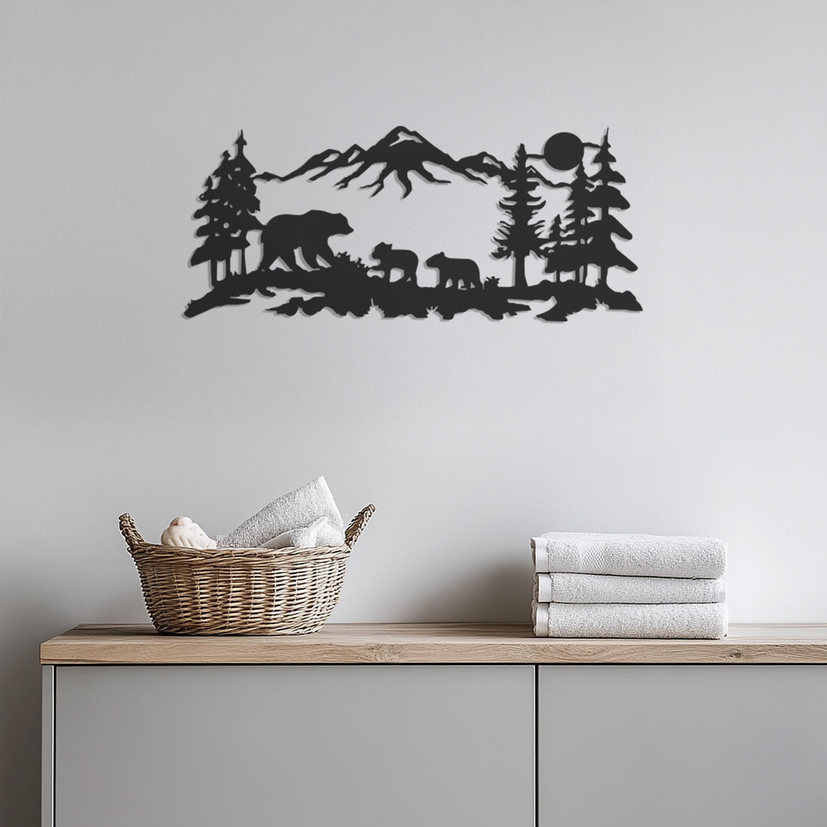 Bear Family Metal Wall Art, Mountain Forest Scene, Rustic Cabin Decor, Wildlife Wall Hanging, Nature Inspired Home Accent, Modern Wall Decor