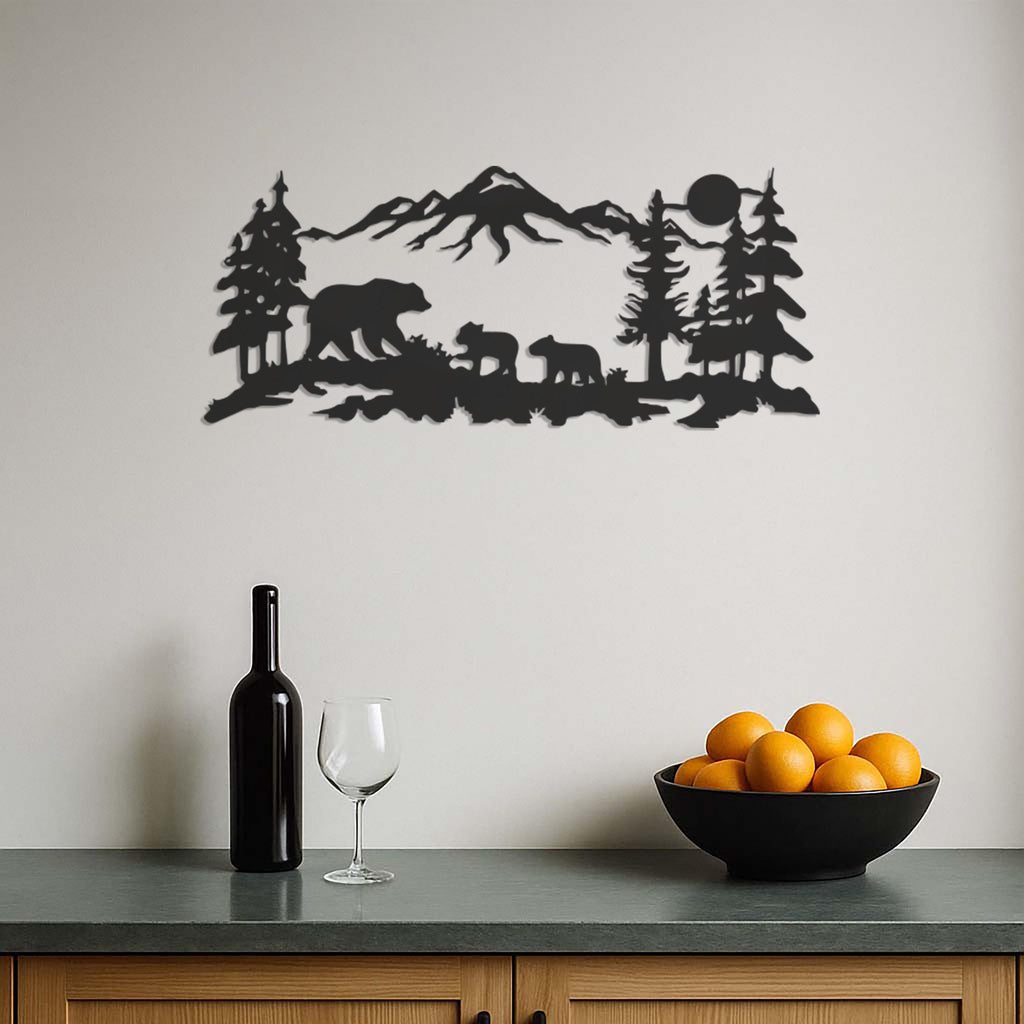 Bear Family Metal Wall Art, Mountain Forest Scene, Rustic Cabin Decor, Wildlife Wall Hanging, Nature Inspired Home Accent, Modern Wall Decor