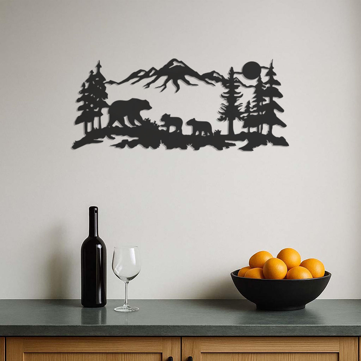 Bear Family Metal Wall Art, Mountain Forest Scene, Rustic Cabin Decor, Wildlife Wall Hanging, Nature Inspired Home Accent, Modern Wall Decor