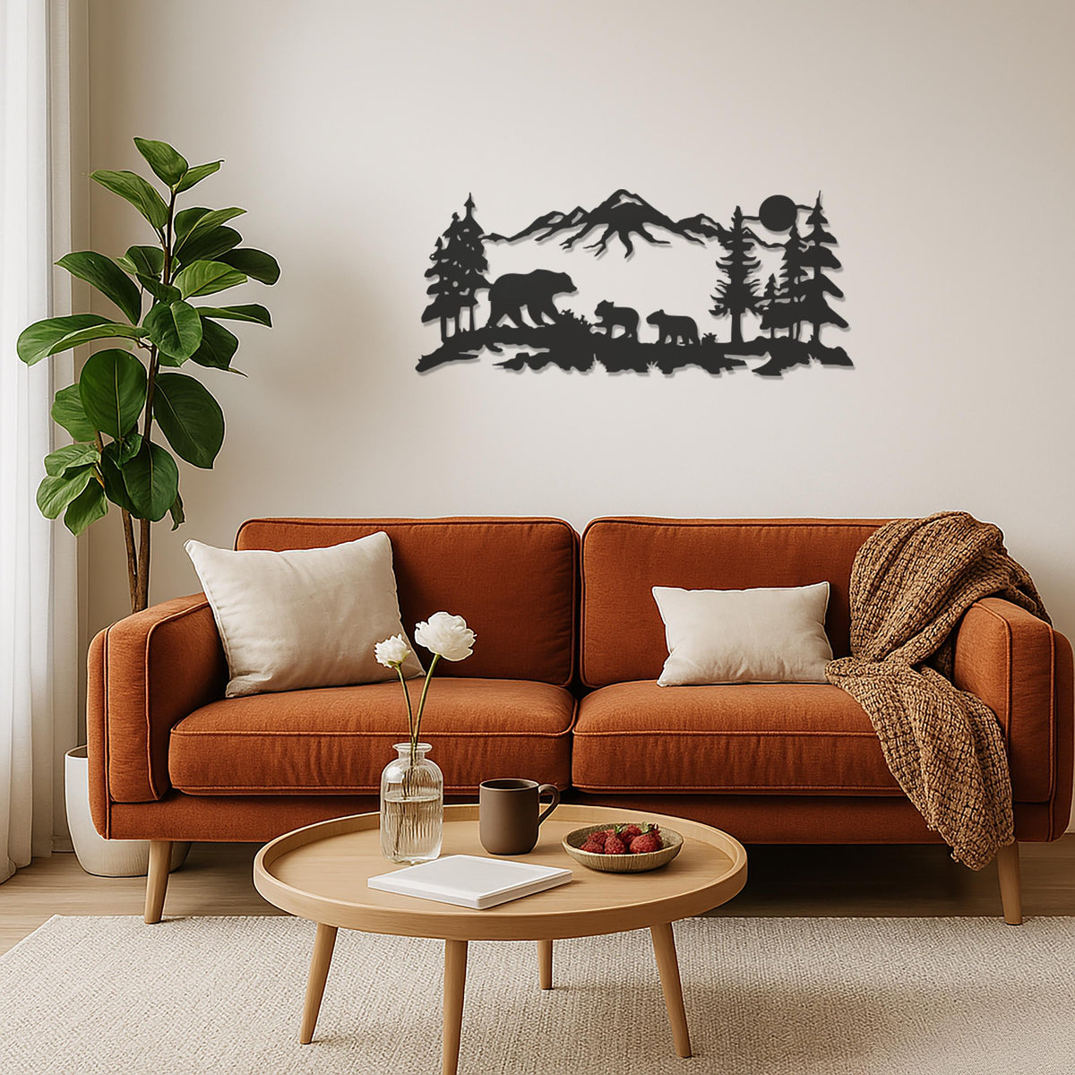 Bear Family Metal Wall Art, Mountain Forest Scene, Rustic Cabin Decor, Wildlife Wall Hanging, Nature Inspired Home Accent, Modern Wall Decor