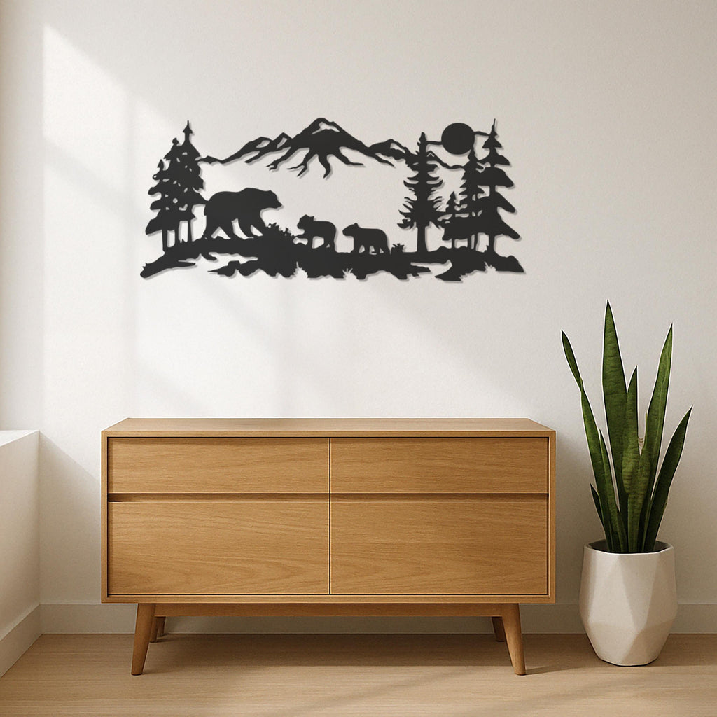 Bear Family Metal Wall Art, Mountain Forest Scene, Rustic Cabin Decor, Wildlife Wall Hanging, Nature Inspired Home Accent, Modern Wall Decor