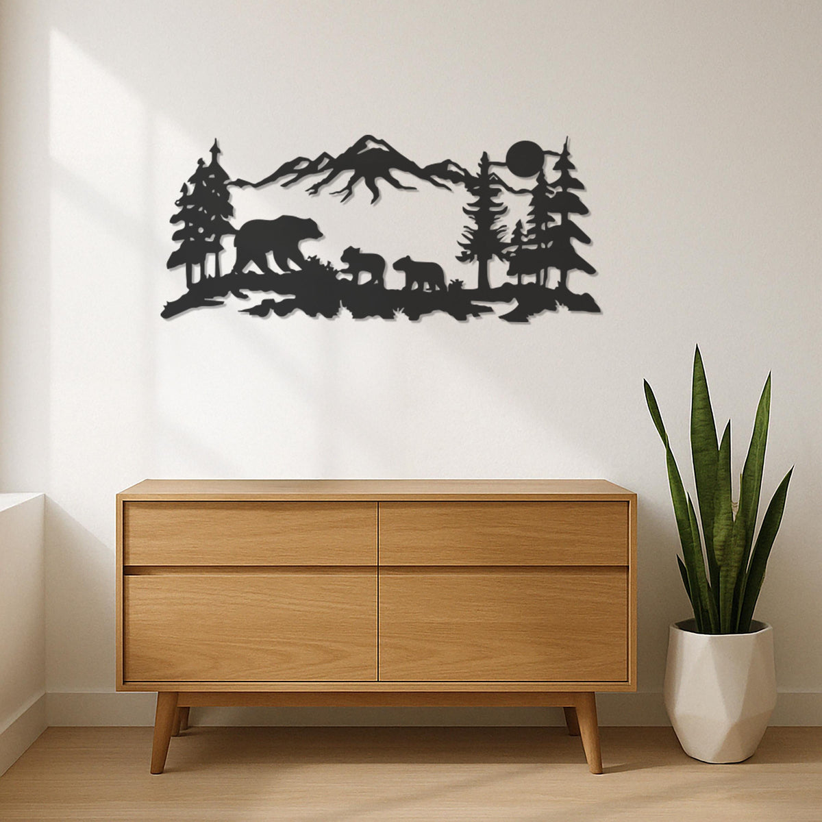 Bear Family Metal Wall Art, Mountain Forest Scene, Rustic Cabin Decor, Wildlife Wall Hanging, Nature Inspired Home Accent, Modern Wall Decor