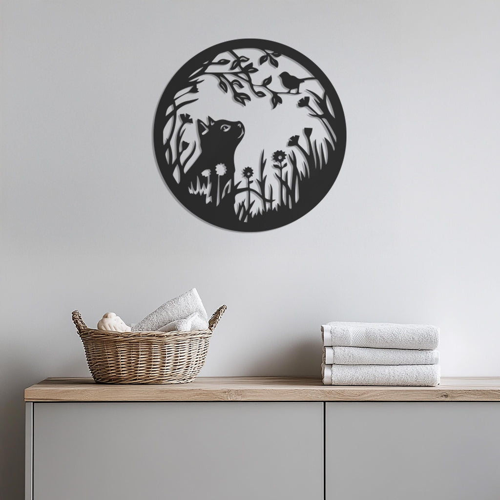 Cat and Bird Silhouette Metal Wall Decor, Nature Inspired Round Wall Decor, Whimsical Animal Scene, Modern Living Room or Bedroom Accent