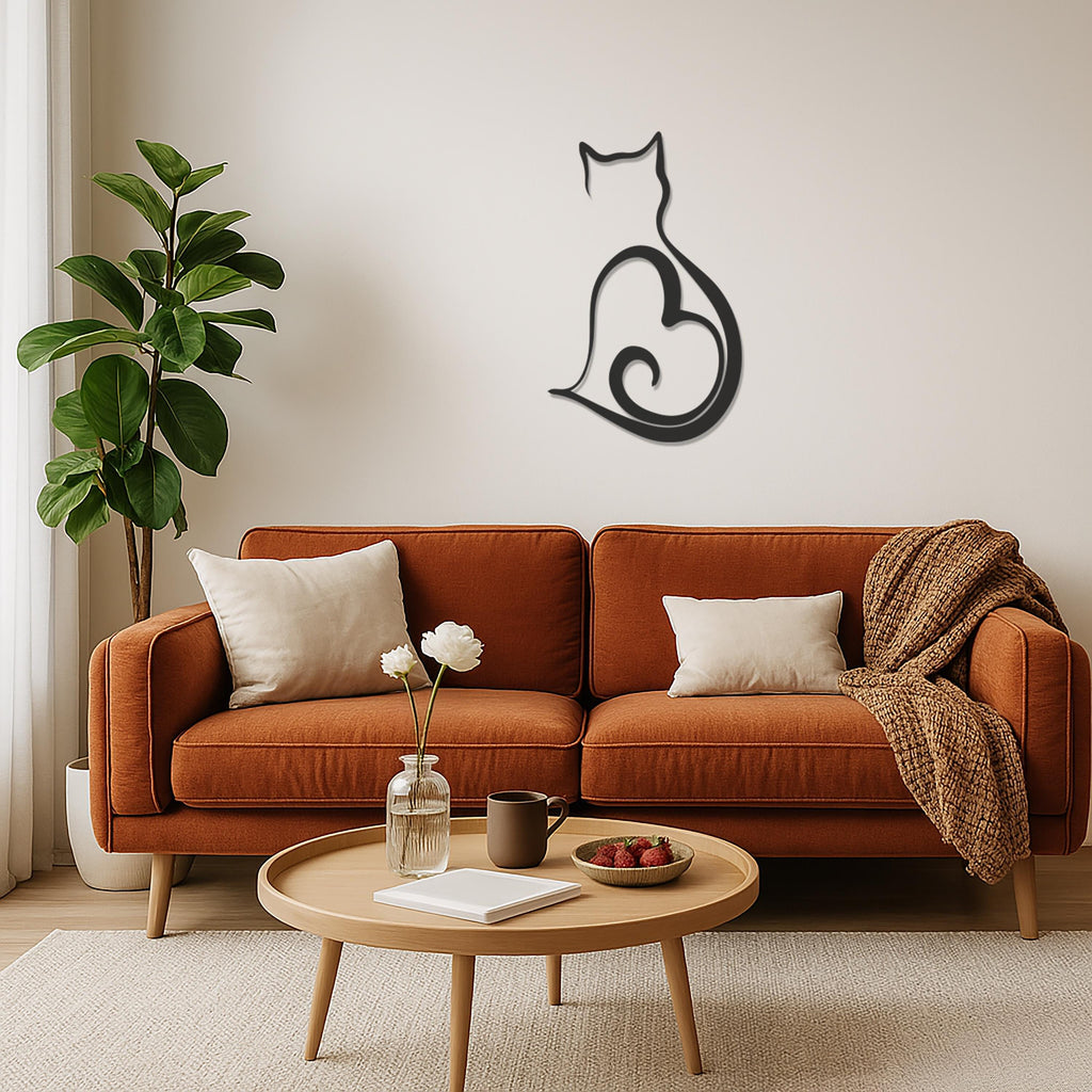 Minimalist Cat Metal Wall Art, Cat Wall Decor, Heart Cat Wall Hanging, Cat Lover Gift, Modern Cat Silhouette Art, Cat Outline Wall Sculpture
