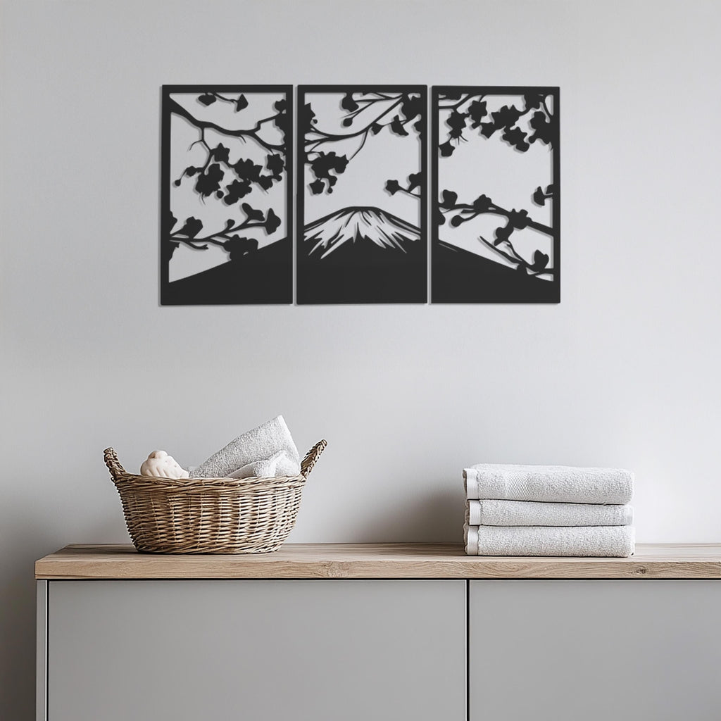 Mount Fuji Wall Art, Metal Mountain Wall Decor, Japanese Landscape Wall Hanging, Minimalist Nature Art,3 Piece Metal Wall Panel Set,Wall Art