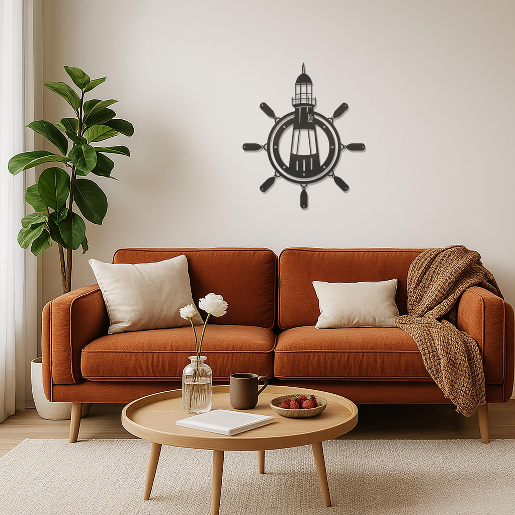 Nautical Lighthouse Wall Art, Ship Wheel Metal Wall Decor, Coastal Beach House Decor, Sea Themed Metal Wall Hanging,Maritime Home Decoration