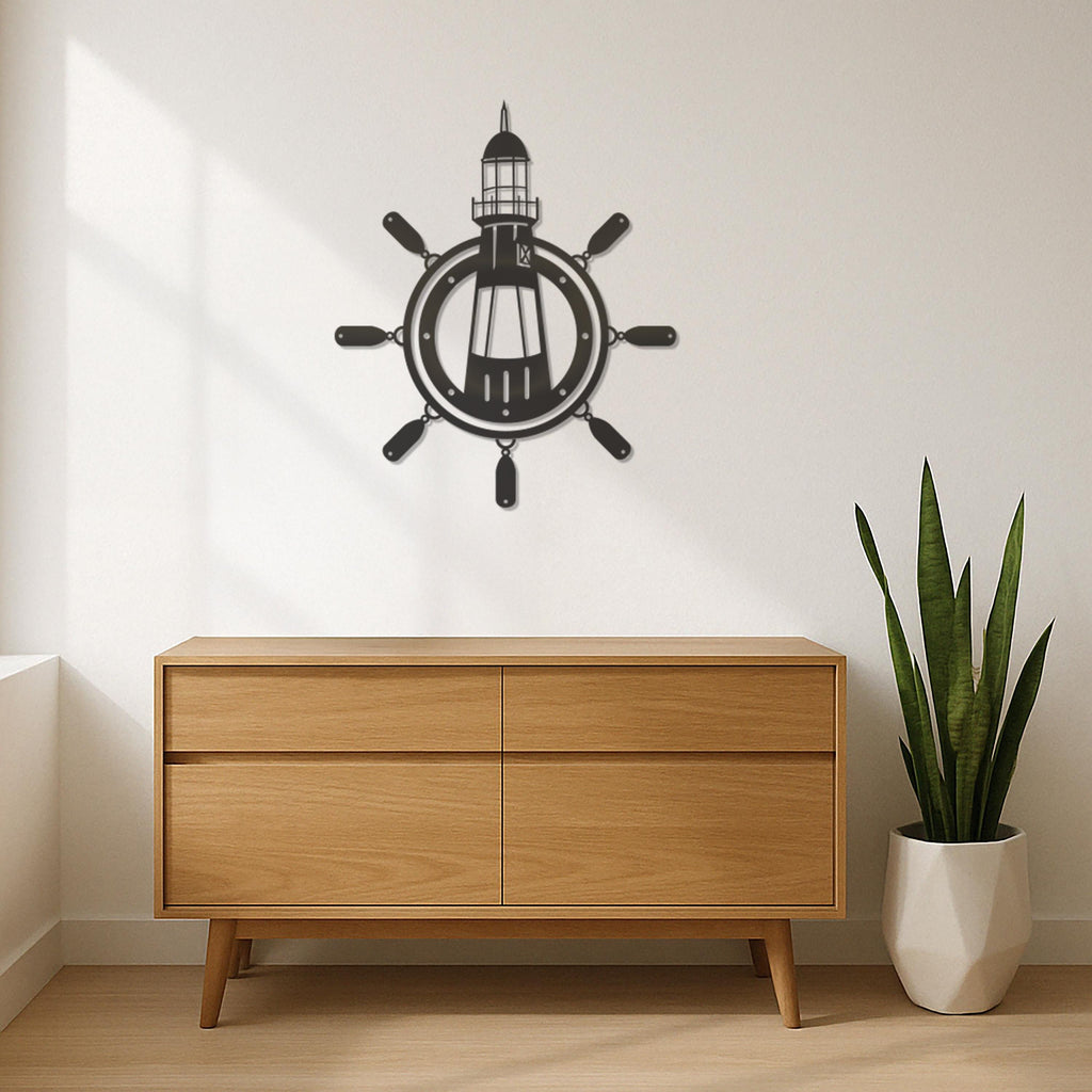 Nautical Lighthouse Wall Art, Ship Wheel Metal Wall Decor, Coastal Beach House Decor, Sea Themed Metal Wall Hanging,Maritime Home Decoration
