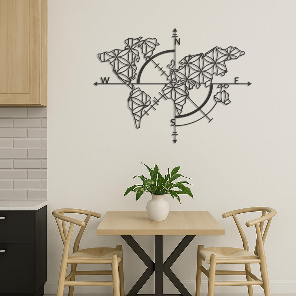 World Map Compass Metal Wall Art, Geometric World Map Decor, Modern Wall Hanging, Travel Lover Gift,Metal Compass Wall Art for Home,Wall Art
