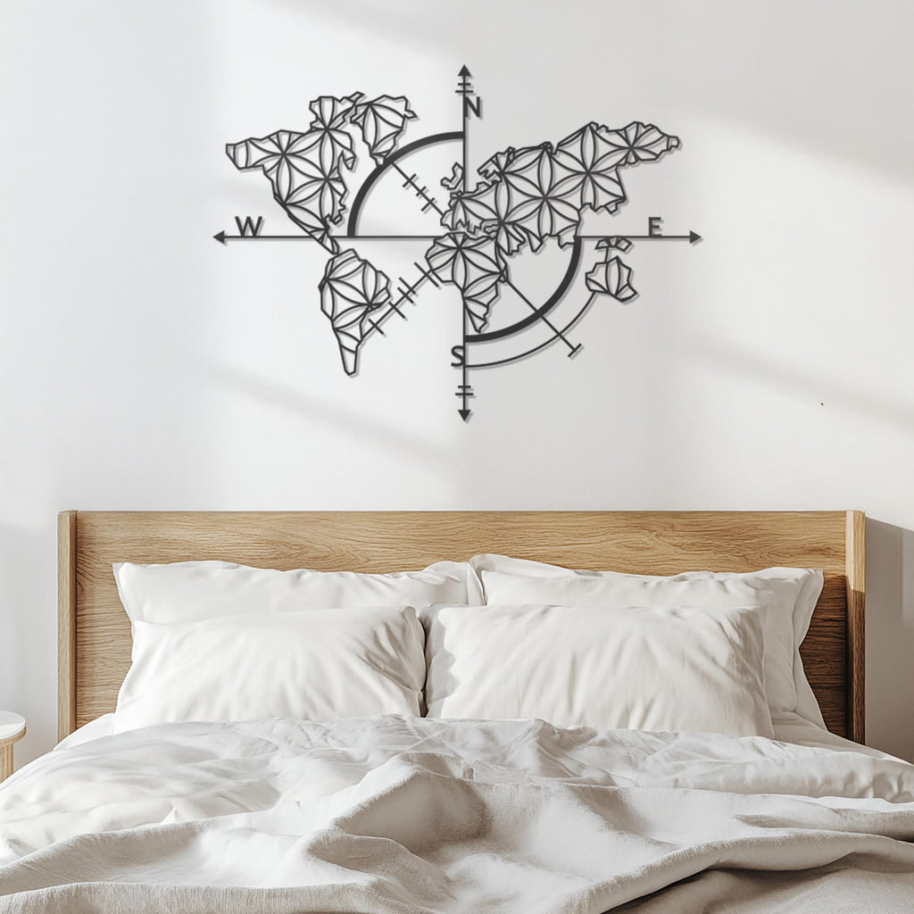 World Map Compass Metal Wall Art, Geometric World Map Decor, Modern Wall Hanging, Travel Lover Gift,Metal Compass Wall Art for Home,Wall Art