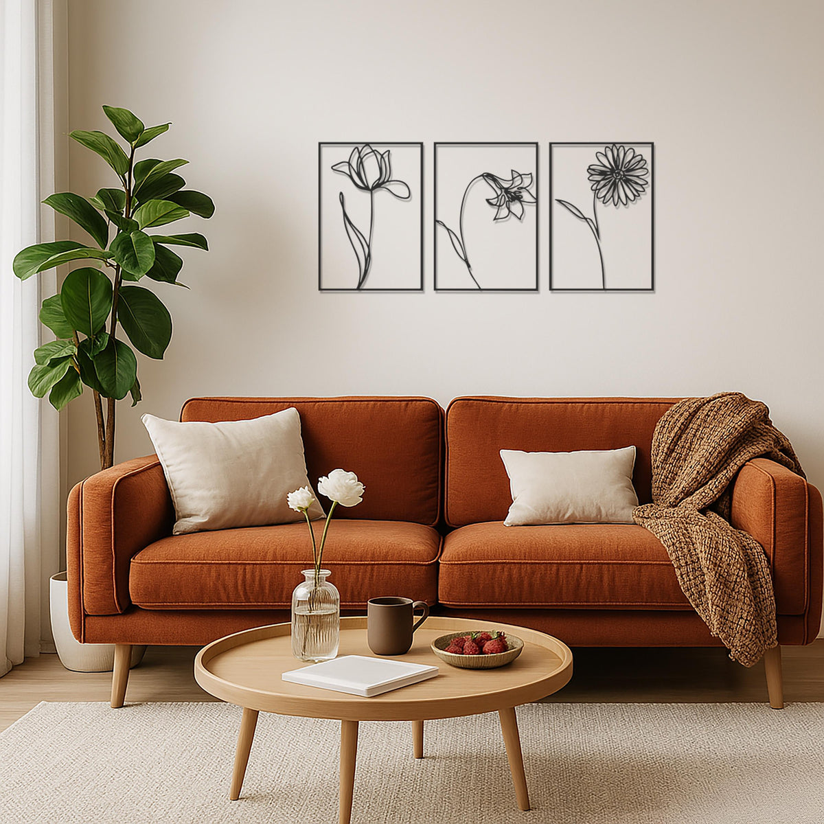Flower Metal Wall Art Set, Minimalist Botanical Wall Decor, Modern Floral Metal Panel, Nature Inspired Wall Hanging,Modern Garden Home Decor