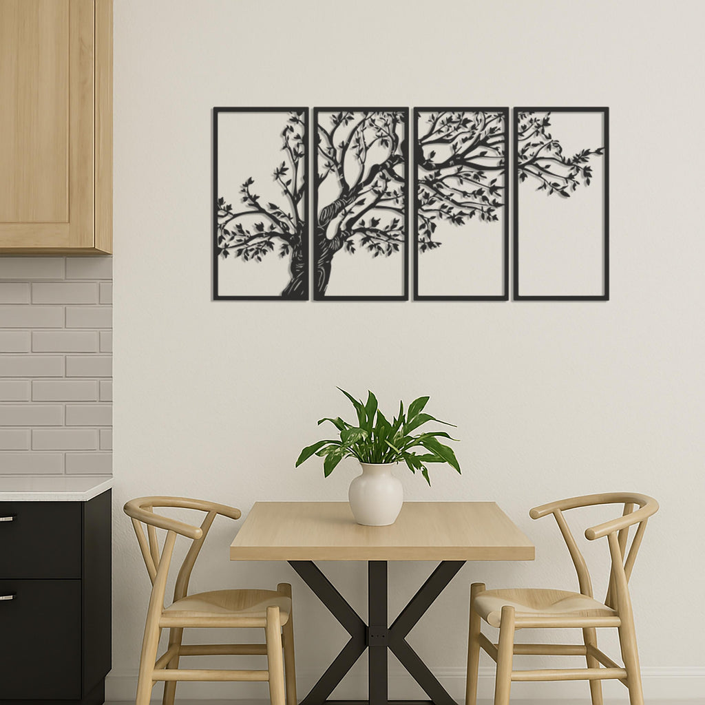 Metal Tree Wall Art, 4 Piece Tree Panel Decor, Modern Nature Wall Hanging, Rustic Metal Tree Art, Large Wall Decor, Family Tree Metal Art
